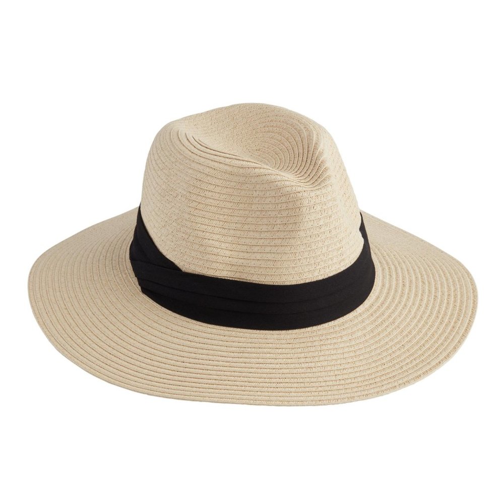 Cost Plus World Market Beige Straw Fedora with Black Band